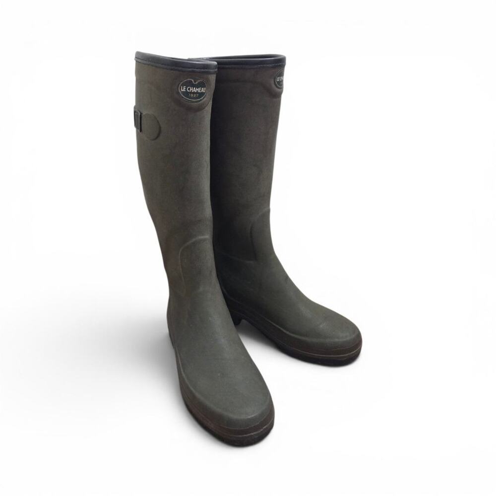 Le Chameau Hunting Green Plaid Tartan Lined Rubber Tall Wellington Boots Size 41